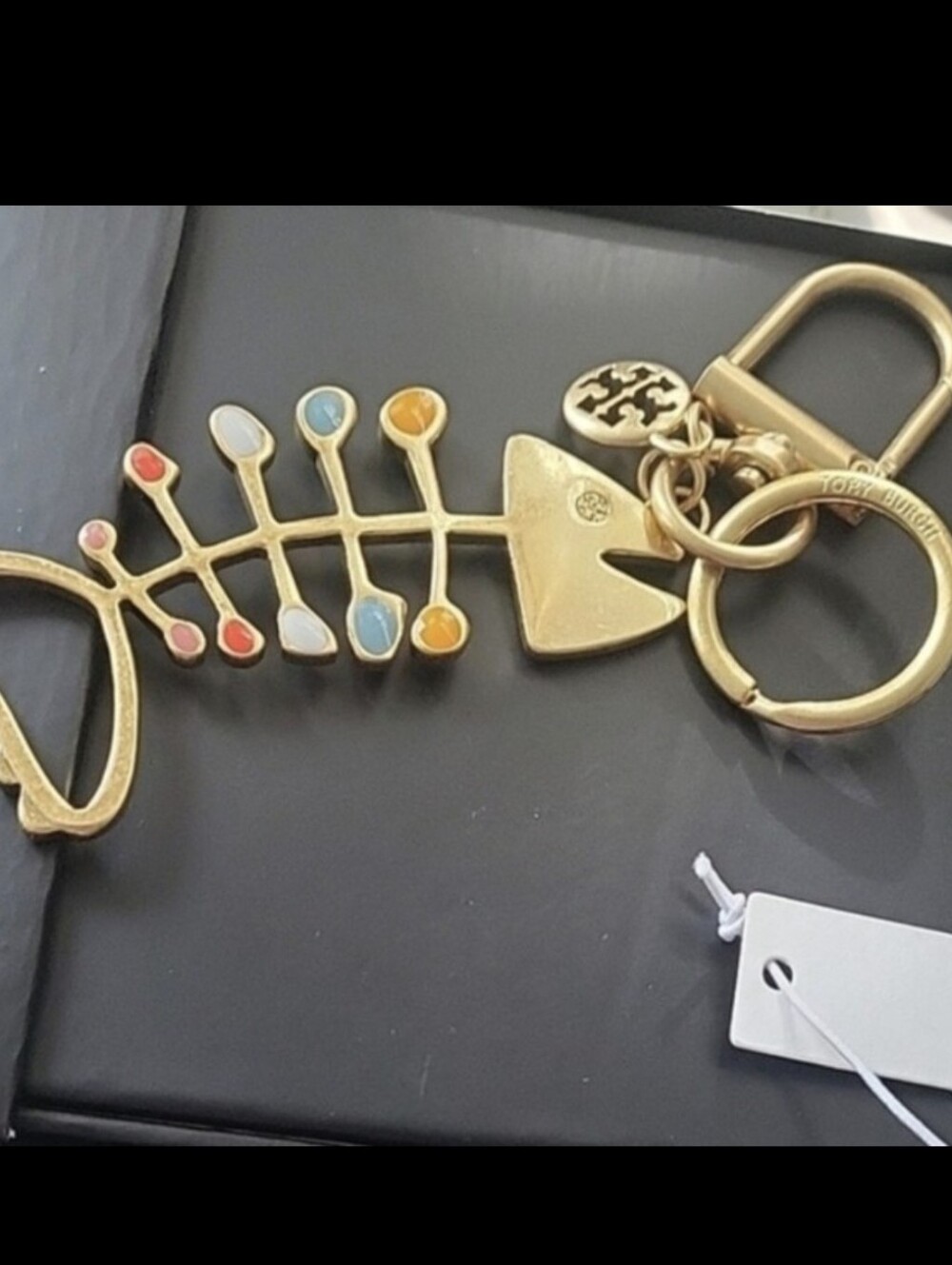 Tory Burch Gold Tone Multicolor Enamel Fishbone Keychain